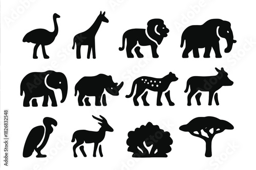 African Wildlife Icons. African wildlife. Solid icon set of African wildlife: ostrich, giraffe, zebra, lion, elephant, rhinoceros, cheetah, warthog, vulture,
