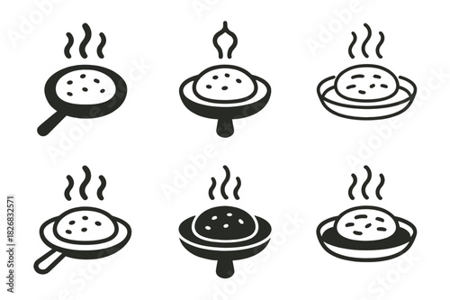 Pita Bread Logo Variations. Making homemade pita bread or flatbreads. Icon set. Set Logo of making homemade pita bread or flatbreads: baking pita in pan.