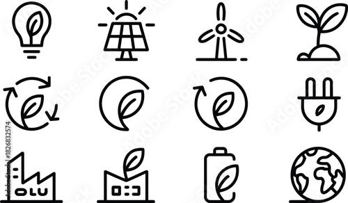 Clean energy and sustainable living icon set minimalist line art depicting renewable resources and environmental consciousness for a greener future