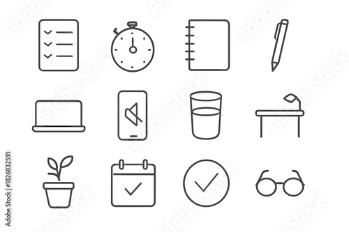 Focus Icon Set. Focus & Productivity. Line icon set of Focus & Productivity: checklist, timer, notebook, pen, laptop closed, phone silent, cup of water, clean