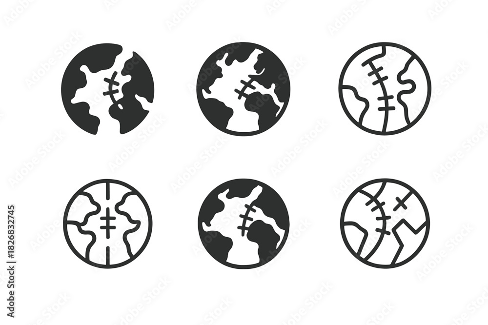Obraz premium Antique Map Logos. Antique map restoration process. Icon set. Set Logo of antique map restoration process: globe with repair stitches. harmonious