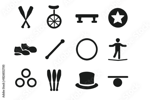 Circus Icons Collection. Circus Skills Practice. Solid icon set of juggling pins, unicycle, balancing beam, circus ball, clown shoes, baton, hula hoop,