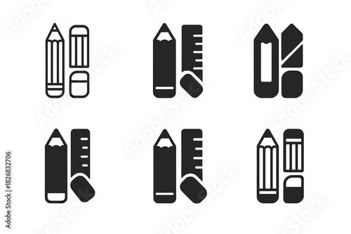 School Supplies Icons. School supplies. Icon set. Set Logo of School supplies: pencil, ruler, and eraser arranged neatly. harmonious logo variations of the