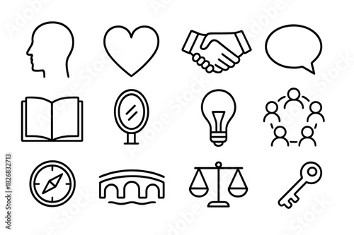 Authentic Leadership Icons. Authentic leadership. Line icon set of authentic leadership: human head, heart, handshake, speech bubble, open book, mirror,