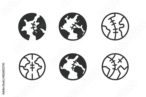 Antique Map Logos. Antique map restoration process. Icon set. Set Logo of antique map restoration process: globe with repair stitches. harmonious