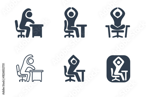 Stretch Break Logos. Taking a break from work to stretch. Icon set. Set Logo of Taking a break from work to stretch: office desk transforming into yoga pose.