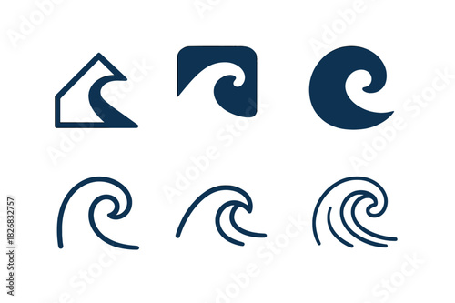 Ocean Wave Icons. Ocean waves. Icon set. Set Logo of Ocean waves: Tidal wave. harmonious logo variations of the same emblematic concept (Abstract geometric,