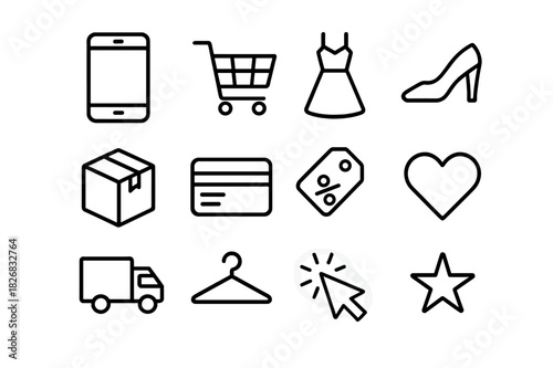 Online Fashion Icons. Fashion for all sizes. Line icon set of fashion for all sizes: dress, shirt, jeans, plus size mannequin, measuring tape, hanger, sewing