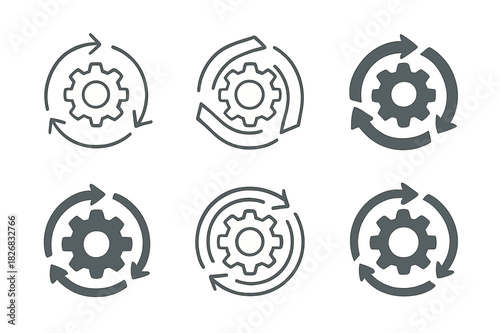 Circular Economy Logos. Circular economy principles in manufacturing. Icon set. Set Logo of circular economy in manufacturing: closed-loop arrows. harmonious
