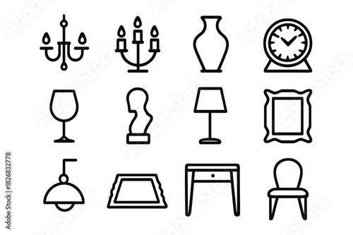 Luxury Decor Icons. Luxury Decor. Line icon set of Luxury Decor: chandelier, candle holder, decorative vase, elegant clock, wine glass, sculpture, floor lamp,
