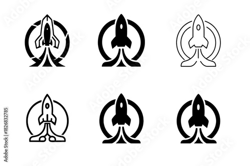 Futuristic Spacecraft Emblems. The launch of a spacecraft from a futuristic launch pad. Icon set. Set Logo of the launch of a spacecraft from a futuristic