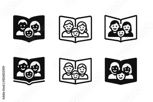 Family Memory Logos. Building family memories. Icon set. Set Logo of Building family memories: open photo album with smiling family faces. harmonious logo