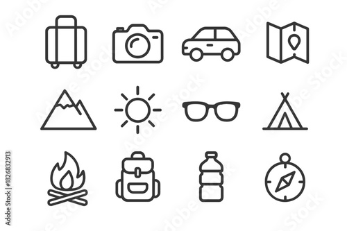 Weekend Adventure Icons. Weekend trip. Line icon set of weekend trip: suitcase, camera, car, map, mountain, sun, sunglasses, tent, campfire, backpack, water