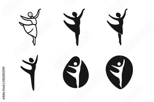 Performance Art Logos. Performance art. Icon set. Set Logo of performance art: dancer silhouette. harmonious logo variations of the same emblematic concept,