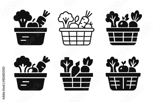 Produce Logo Variations. produce display. Icon set. Set Logo of produce display: baskets of assorted vegetables. harmonious logo variations of the same