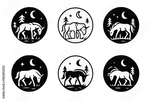 Unicorn Logo Variations. A unicorn grazing in a magical forest. Icon set. Set Logo of unicorn under moonlight. harmonious logo variations of the same
