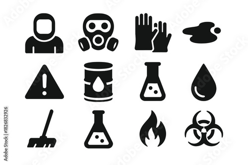 Hazmat Icon Set. Hazmat Response. Solid icon set of Hazmat Response: hazmat suit, gas mask, gloves, spill, warning sign, chemical drum, test tube, droplet,
