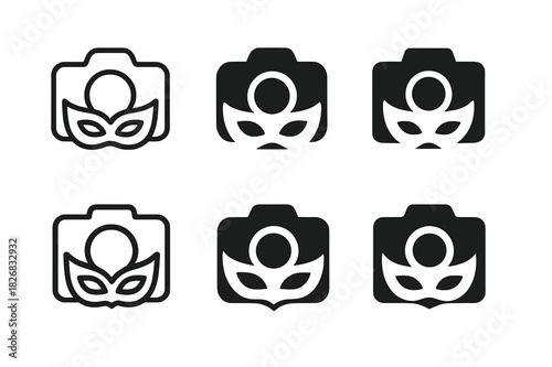 Cosplay Camera Logos. Cosplay photography studio. Icon set. Set Logo of cosplay photography: camera with costume mask. harmonious logo variations of the same