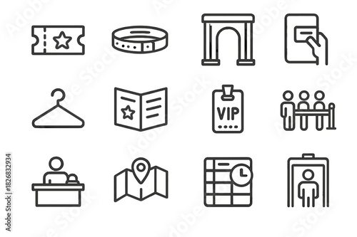 Ticketing Icons Set. Ticketing & Entry. Line icon set of Ticketing & Entry: concert ticket, wristband, entrance gate, ticket scanner, coat check, program