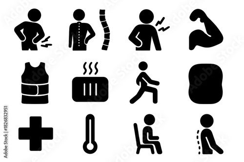 Back Pain Icons. Muscle Strain. Solid icon set of person holding back, muscle, spine, pain lines, back brace, hot pack, chair, pillow, stretching pose, medical