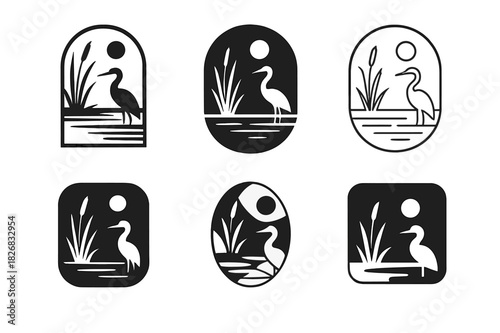 Marshland Logo Variations. Waterfront habitats and marshlands. Icon set. Set Logo of waterfront habitats and marshlands: wetland wildlife view. harmonious logo