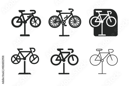 Bicycle Repair Logos. Fixing a bicycle. Icon set. Set Logo of fixing a bicycle: Bicycle on repair stand. harmonious logo variations of the same emblematic