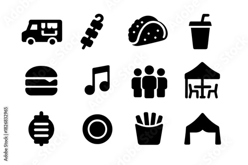 Street Food Festival Icons. Friends at street food festivals. Solid icon set of friends at street food festivals: food truck, skewer, taco, drink cup, burger,