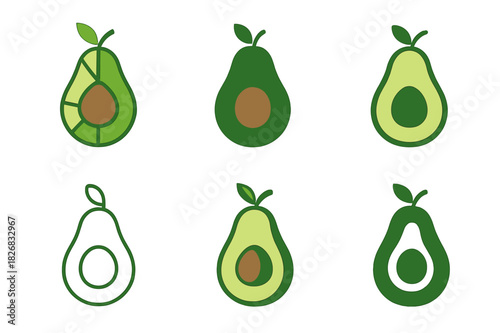 Avocado Logo Variations. Healthy food and nutrition. Icon set. Set Logo of healthy food and nutrition: avocado. harmonious logo variations of the
