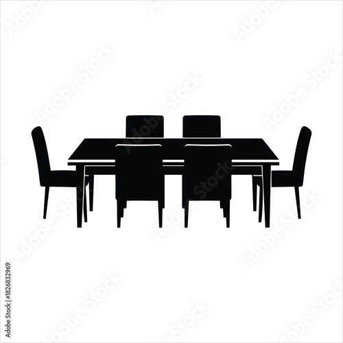 Dining table and six chairs silhouette icon graphic element design