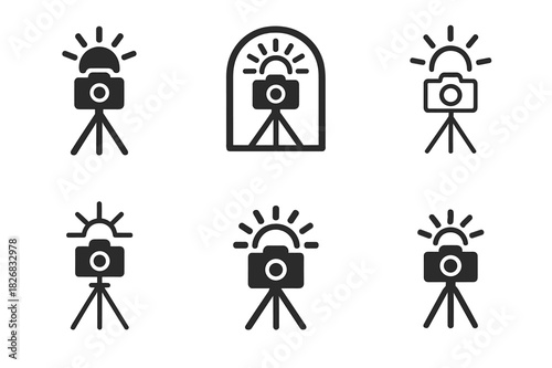 Nature Photoshoot Logos. May photoshoot in nature. Icon set. Set Logo of nature photoshoot: camera tripod under sunlight. harmonious logo variations of the