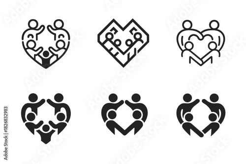 Fitness Challenge Icons. A group of friends doing a fitness challenge together, encouraging each other. Icon set. Set Logo of a fitness challenge: group