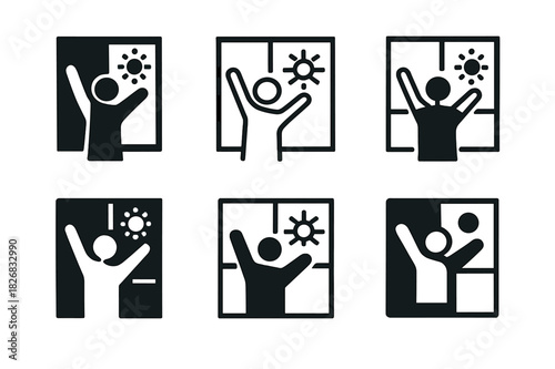 Stretch Break Logos. Taking a break from work to stretch. Icon set. Set Logo of Taking a break from work to stretch: person raising arms in front of window