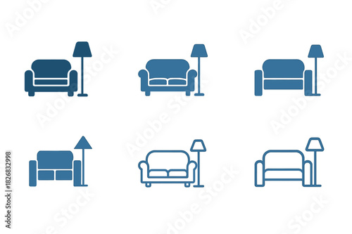 Apartment Icon Set. Apartment. Icon set. Set Logo of apartment: living room sofa with floor lamp. harmonious logo variations of the same emblematic concept,