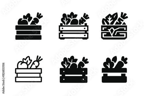 Produce Display Icons. produce display. Icon set. Set Logo of produce display: wooden crate of produce. harmonious logo variations of the same emblematic