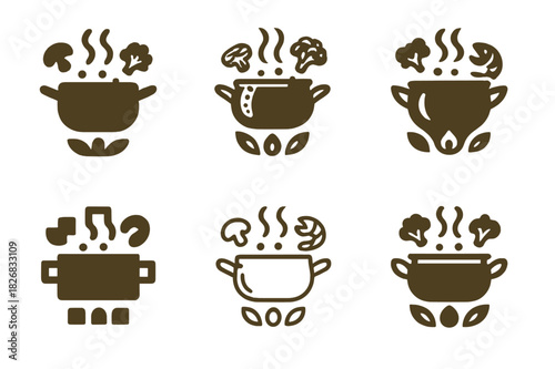 Hot Pot Logo Variations. Preparing a hot pot or fondue for a social meal with friends. Icon set. Set Logo of Preparing a hot pot or fondue for a social meal