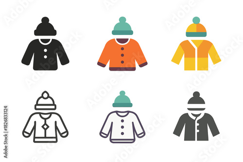 Children's Fashion Logos. Children?s fashion and seasonal clothing. Icon set. Set Logo of kids fashion: playful clothing accessories icon. harmonious logo
