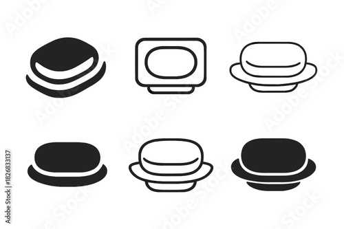 Soap Logo Variations. Hand soap bar. Icon set. Set Logo of hand soap bar: soap bar resting on dish. harmonious logo variations of the same emblematic concept,