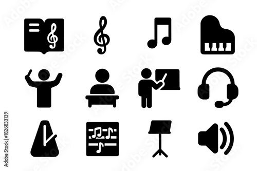 Music Education Icons. Music education. Solid icon set of music education: book, treble clef, note, piano, conductor, student, board, headset, metronome, sheet