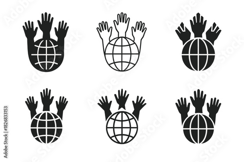 Youth Activism Icons. Youth activism and leadership. Icon set. Set Logo of Youth activism and leadership: globe with raised hands around it. harmonious logo