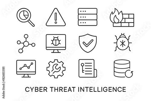 Cybersecurity Symbols Set. Cyber Threat Intelligence. Line icon set of Cyber Threat Intelligence: analytics, alert, server, firewall, network, intrusion