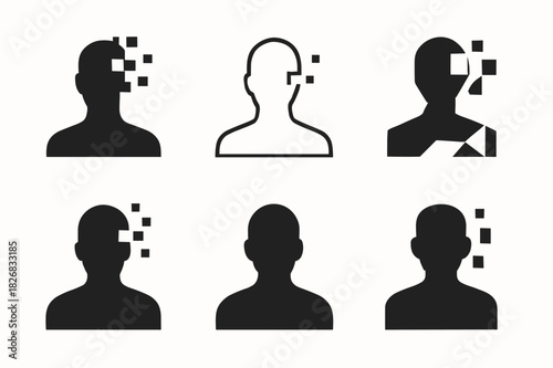 Digital Avatar Variations. Digital avatars and evolving identity. Icon set. Set Logo of digital avatars: data-driven human silhouette. harmonious