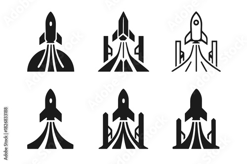 Futuristic Spacecraft Logo Variations. The launch of a spacecraft from a futuristic launch pad. Icon set. Set Logo of the launch of a spacecraft from a