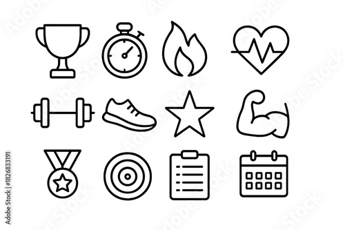 Fitness Motivation Icons. Fitness motivation. Line icon set of fitness motivation: trophy, stopwatch, flame, heart rate, barbell, shoe, star, muscle arm,
