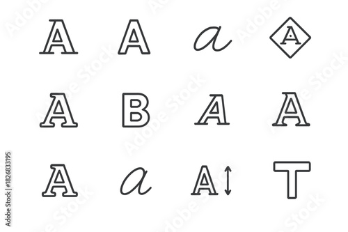 Typography Icon Grid. Fonts and letters. Line icon set of fonts and letters: serif font, sans-serif font, script font, decorative font, monospaced font, bold