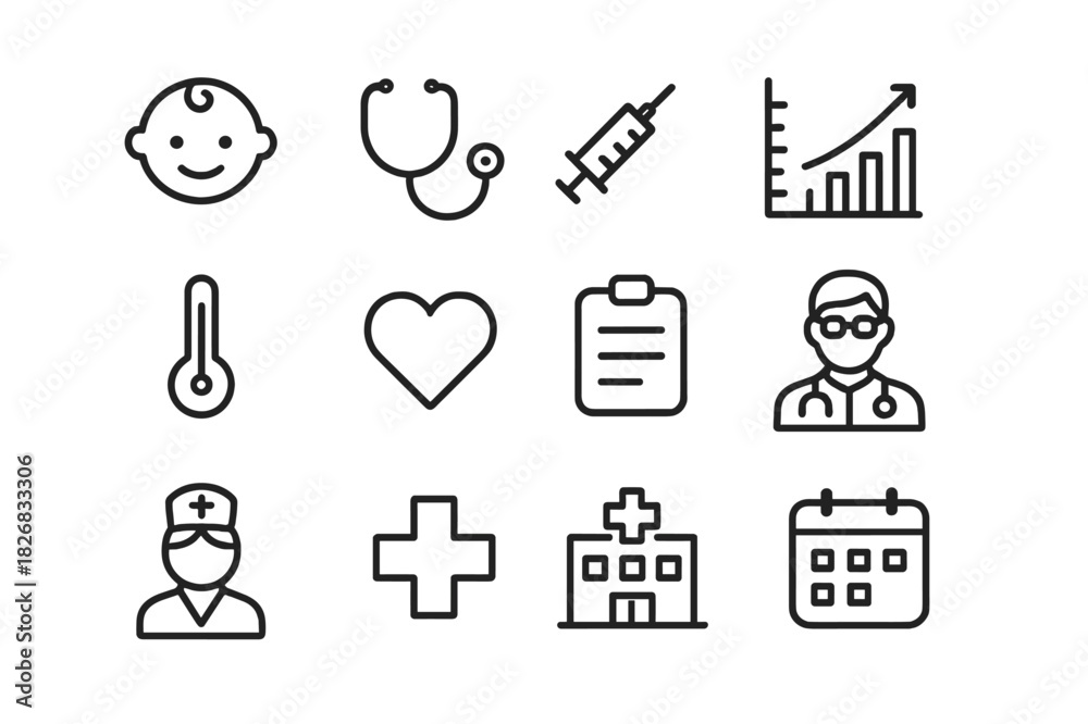 Obraz premium Child Health Icon Set. Child?s health record booklet. Line icon set of child?s health record booklet: baby, stethoscope, vaccination syringe, growth chart,