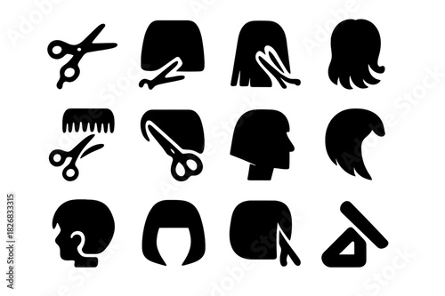 Cutting Techniques Icons. Cutting techniques. Solid icon set of Cutting techniques: point cutting, blunt cut, layering, texturizing, thinning, slicing,