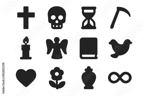 Graveyard Symbols Icons. Graveyard Symbols. Solid icon set of Graveyard Symbols: cross, skull, hourglass, scythe, candle, angel, book, dove, heart, flower,