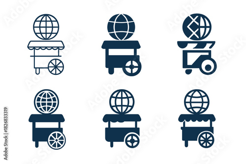 Street Food Icons. International street food and snacks. Icon set. Set Logo of International street food and snacks: food cart with global elements. harmonious