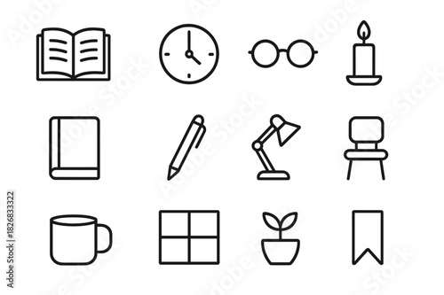Quiet Study Icons. Quiet study time. Line icon set of quiet study time: open book, clock, glasses, candle, notebook, pen, desk lamp, chair, mug, window, plant,