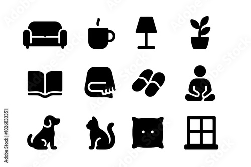 Living Room Icons. Living room relaxation. Solid icon set of living room relaxation: couch, coffee mug, lamp, plant, book, blanket, slippers, person, dog, cat,